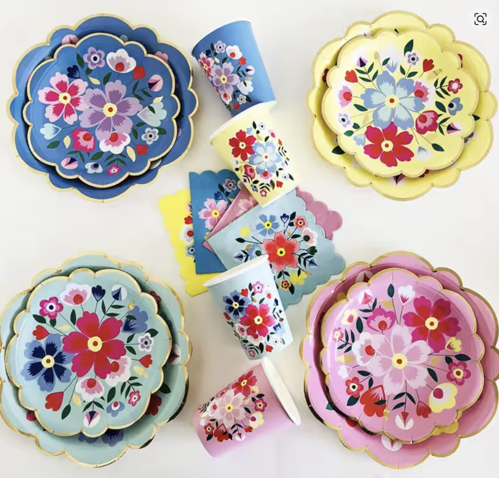 Retro Flowers Pink Paper Plate