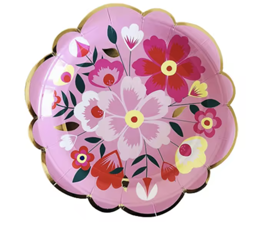Retro Flowers Pink Paper Plate